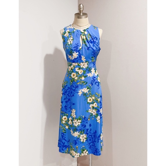 London Times Women's Blue Floral-Print Pleated Keyhole-Neck Midi Dress Size 10 - Picture 2 of 6